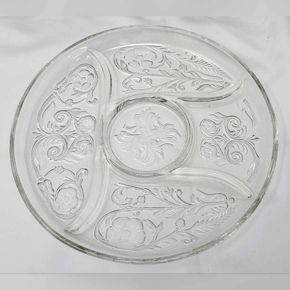 Vintage McKee Depression Glass Rock Crystal Clear 5 Part Relish Dish Tray Floral